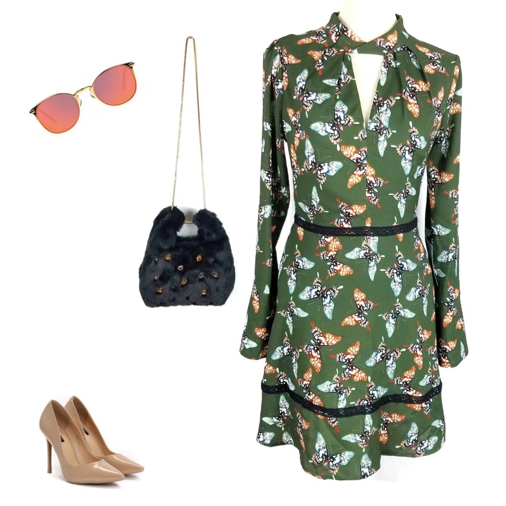 NEW | ADELYN RAE | Olive Butterfly Midi Dress S